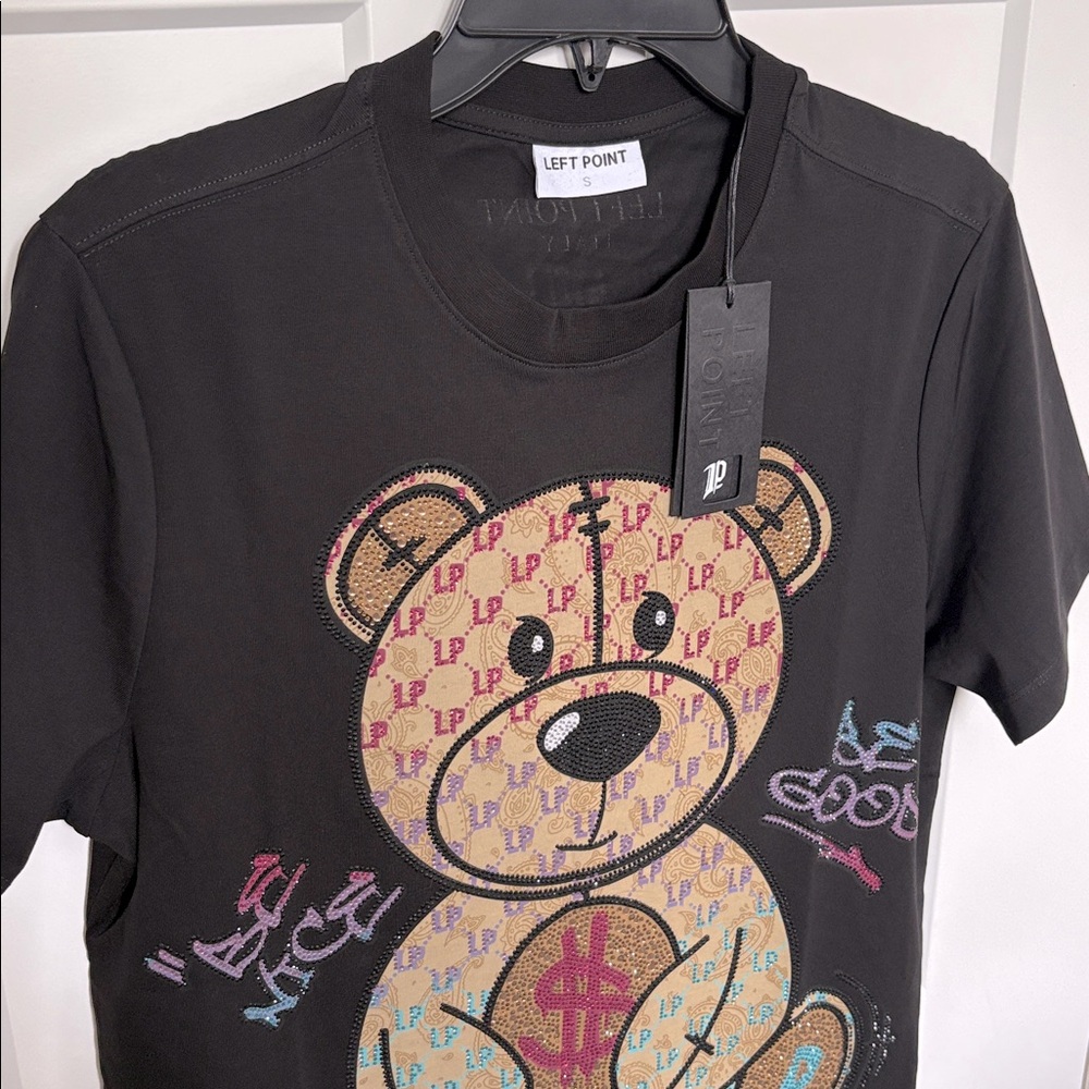 NWT [Left Point] Teddy Bear w Money Rhinestone Positive Affirmation Shirt Mens S - Picture 7 of 16